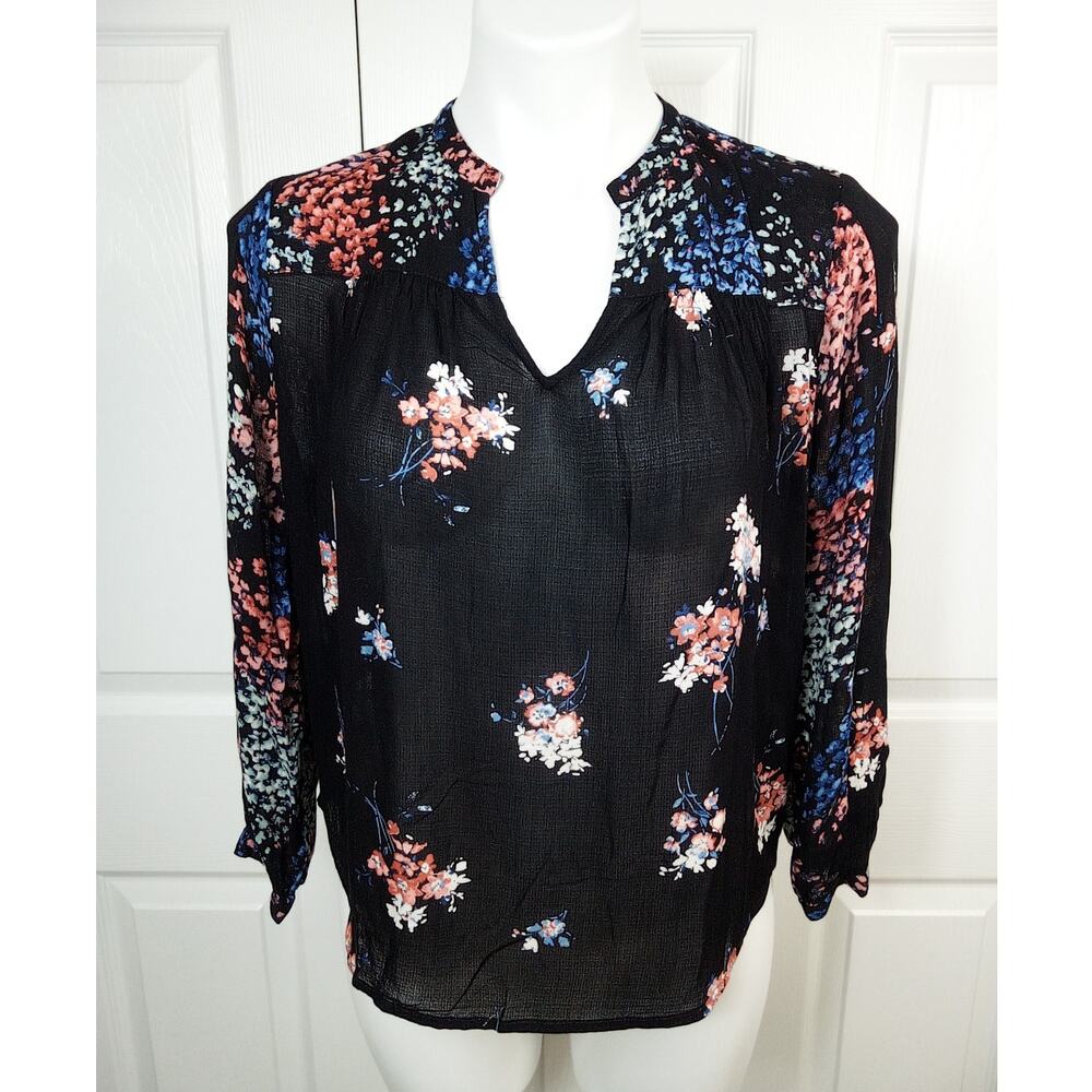 Lucky Brand Women's Black Floral Print Size Small 3/4 Sleeve Top V-Neck Boho